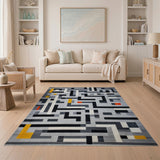 Geometric Maze Area Rug in Grey Yellow