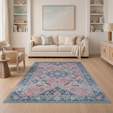 Pink Blush Pink Persian Area Rug with Navy Borders