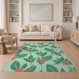 Mint Green Leaf Pink Hibiscus Pattern Area Rug