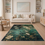 ODIKA Washable Emerald Green and Gold Floral Area Rug, Low Pile Non-Slip Vintage Chinoiserie Carpet