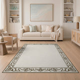 Beige and Neutral Border Ornate Floral Border Beige Area Rug