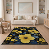 Vivid Yellow Blooms Blue Leaves Black Rug