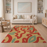 Red Swirling Vine Leaf Beige Area Rug