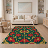 Vibrant Red Floral on Emerald Green Area Rug
