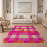 Vibrant Pink Orange Plaid Woven Area Rug