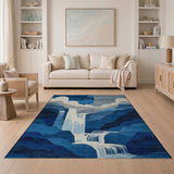 Serene Blue Waterfall Mountains Abstract Rug