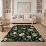 Elegant White Blossom Floral Area Rug on Black