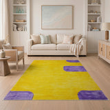 Vibrant Yellow Shag Rug with Purple Geometric Blocks
