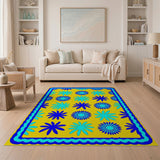 Vibrant Yellow Rug with Blue Daisy Flowers