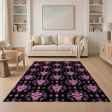 Pink Damask Floral Area Rug on Black