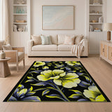 Vibrant Yellow Hibiscus Floral Area Rug on Black