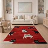 Playful Black White Cats Red Area Rug