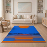 Geometric Orange Sun Over Blue Mountains Rug