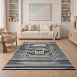 Geometric Black White Concentric Frame Rug