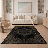 Distressed Vintage Black Gold Floral Area Rug