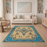 Ornate Blue Floral Border Beige Area Rug