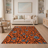 Orange Vibrant Orange Blue Floral Vine Area Rug