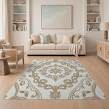 Washable Vintage Beige Damask Medallion Area Rug - Low Pile & Non-Slip