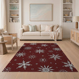 Festive White Snowflakes on Deep Red Area Rug