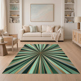Radiant Green Gold Sunburst Geometric Area Rug
