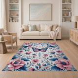Whimsical Blue Pink Butterfly Floral Area Rug