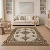 Ornate Beige Persian Area Rug with Brown Motifs