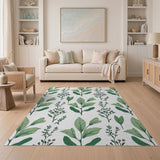 Lush Green Leaves Maroon Blooms Pattern Area Rug