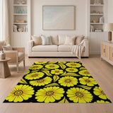 Vibrant Yellow Floral Pattern Area Rug on Black