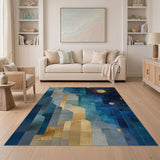 Geometric Blue Night Sky Area Rug with Gold Moon