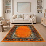 Orange Leopard Border Distressed Area Rug