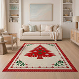 Festive Red Christmas Tree Area Rug with Elves