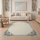 Beige and Neutral Ornate Floral Scroll Border Beige Area Rug