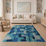 Teal Blue Geometric Block Area Rug