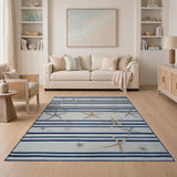 Coastal Beach Blue and Teal Navy Striped Starfish Coastal Area Rug
