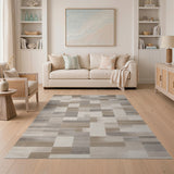 Beige and Neutral Modern Beige Grey Geometric Block Area Rug