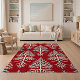 Stylized White Fir Trees on Red Area Rug