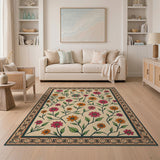 Beige Floral Area Rug with Vibrant Blooms Ornate Border