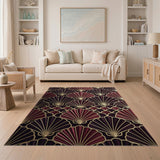 Art Deco Scallop Shell Area Rug in Maroon Gold