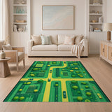 Playful Green Cityscape Neighborhood Rug