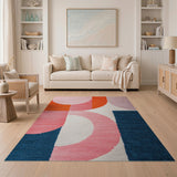 Vibrant Geometric Abstract Area Rug in Pink Orange Navy