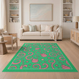 Playful Pink Swirl Star Green Kids Area Rug