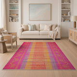 Vibrant Multi-Color Tribal Stripe Rug with Sun Borders