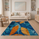Teal Blue Orange Palm Leaf Area Rug