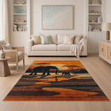 Savanna Elephants Sunset Orange Area Rug