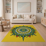 Vibrant Yellow Mandala Rug with Green Tulips Red Accents