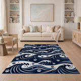 Navy Ocean Waves with Paw Prints Area Rug