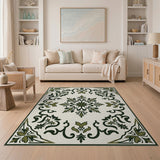 Beige and Neutral Ornate Green Floral Vintage Area Rug