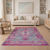 Vibrant Pink Border Teal Geometric Tribal Area Rug