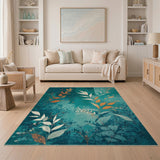 Teal Leaves Berries Floral Area Rug
