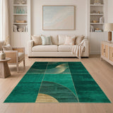 Emerald Green Gold Curve Grid Area Rug